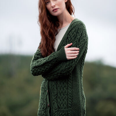 100% Merino Wool Boyfriend V-Neck Cardigan With Buttons, Green Colour